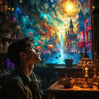The primary subject of the image is a man looking up at a painting or a mural on the wall. The setting appears to be a room with a window, and the visual style is a combination of a photo and a painting. The colors and mood of the image are vibrant and lively, with a focus on the man's gaze and the artwork he is admiring.